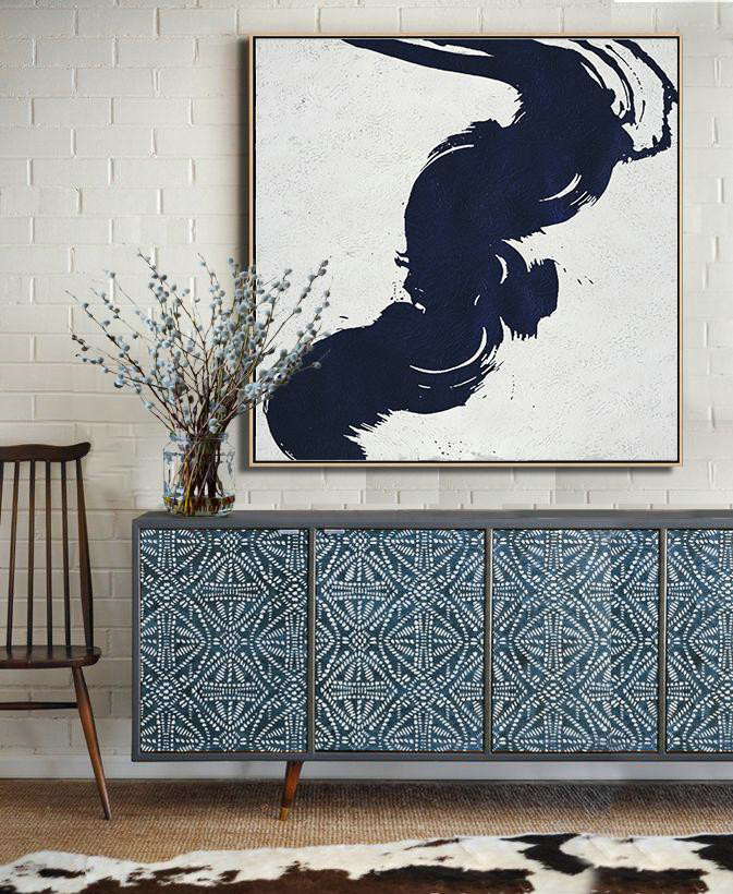 Handmade Extra Large Contemporary Painting,Minimalist Navy Blue And White Painting,Large Colorful Wall Art